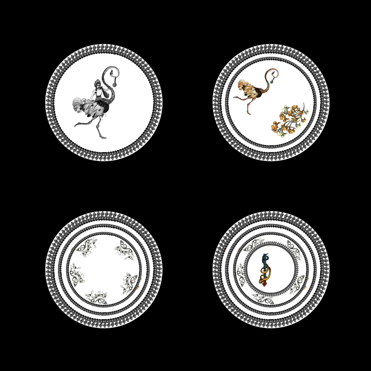Four decorative circular plates arranged in a 2x2 grid on a black background. The plates feature ornate white borders and various vintage-style illustrations, including a flamingo, a monkey with flowers, floral motifs, and a small blue-and-orange bird.